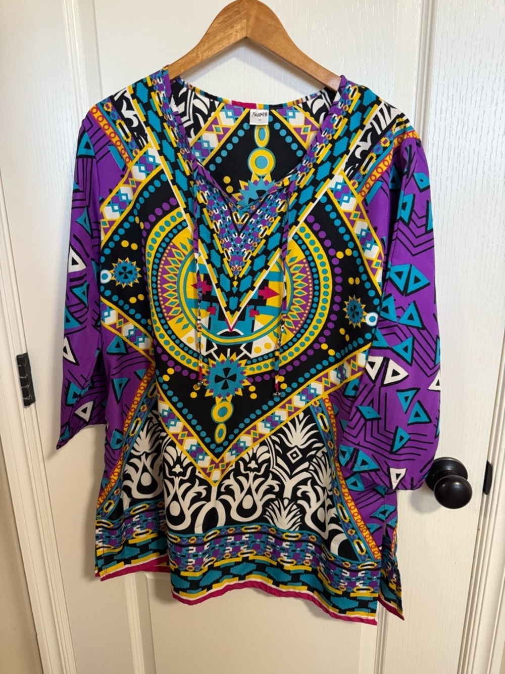 Highness 2X Boho Geometric Medallion Lace-Up Tunic Top 3/4 Sleeve